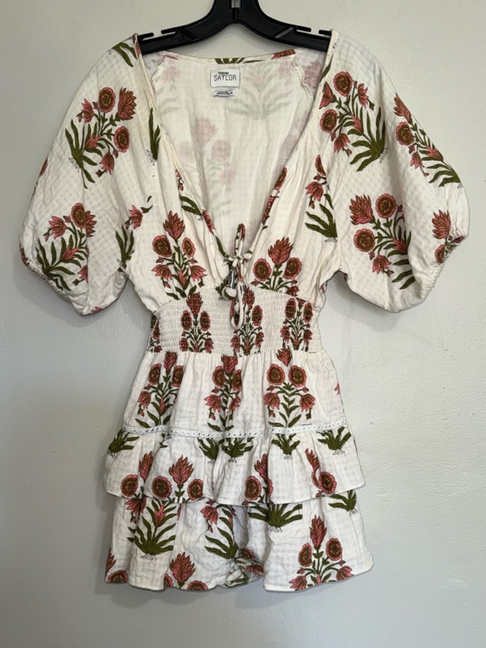 SAYLOR White Dress with Subtle Pink and Olive Floral Accents - Picture 6 of 16